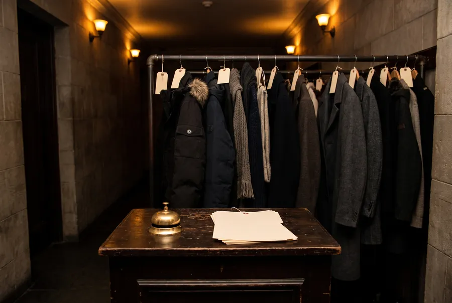 Generated scene: a small coat-check counter with a brass bell, a rail of winter coats and scarves with blank paper tags, warm light in a stone hallway.