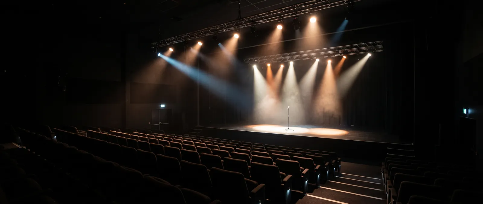 Generated scene: an empty concert hall in near darkness, rows of seats in the foreground, theatre spotlights from a truss crossing in haze and landing on an empty stage with a single microphone stand.